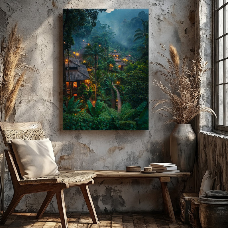 Toile «A Serene Lush Jungle Landscape At Dusk», avec un chemin sinueux d'art mural menant à travers une vallée verte vibrante remplie d'art sur toile