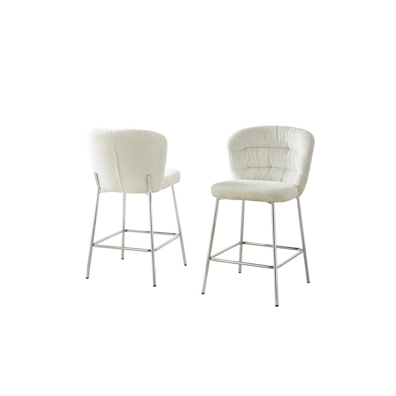 Chaises à hauteur comptoir avec velours texturé et base à carreaux, Crème / argent