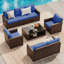 Ensemble de meubles de patio 5 pièces, ensembles de conversation de patio en osier de rotin 7 places avec table basse, ensemble de canapé modulaire d'extérieur, rotin brun et coussins bleus