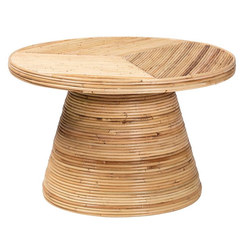 Bella 28 in. Natural Round Rattan and Mahogany Wood Coffee Table