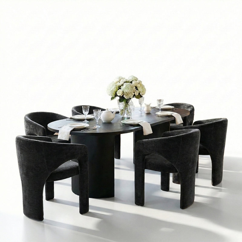 Ensemble de salle à manger 7 pièces moderne avec table à piédestal ovale noire de 79 po et 6 fauteuils sculpturaux à large siège