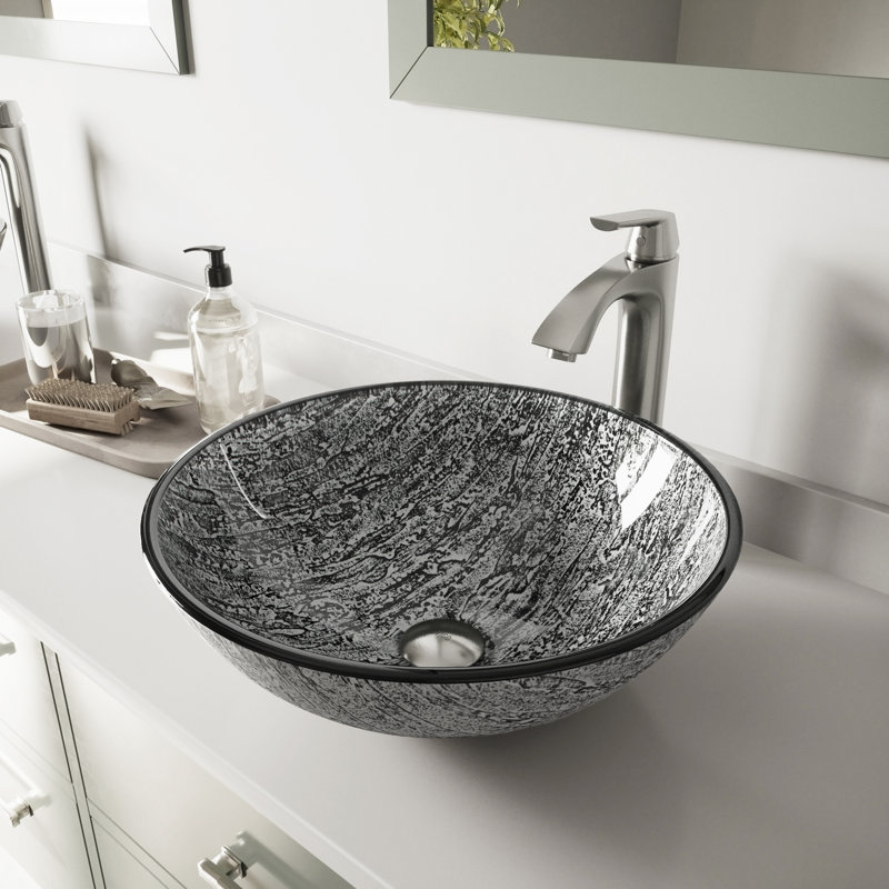 Giovanni 17" L x 17" W x 6" H Round Glass Vessel Bathroom Sink with 12" H Faucet, Brushed Nickel, Slate Grey