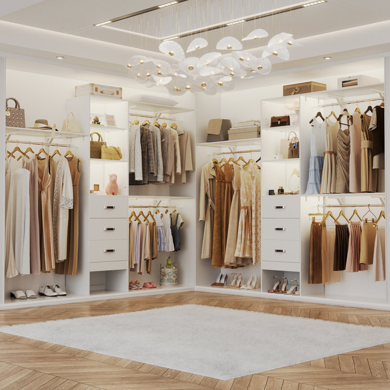 Système d'organisation l 20,2 po à 96 po avec tiroirs en bois et tringles de suspension (coupés sur mesure), Blanc