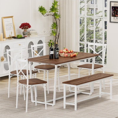 6-Person Dining Set with Bench, Brown-Toned MDF Tabletop Steel Frame, 51.97” Rectangular Kitchen Table, Dark Walnut