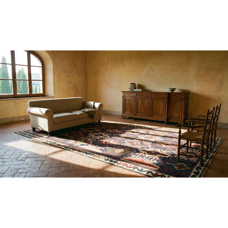 Bold Antique Tribal Geometric Design Caucasian Kilim Flatwoven Area Rug