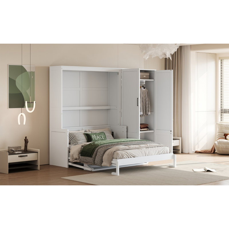Grand lit escamotable mural avec placard, blanc
