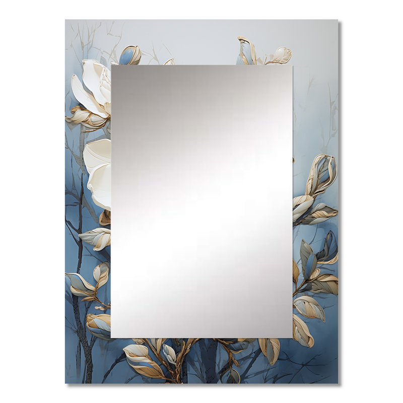 Blue And White Painted Magnolias - Large Wall Mirror On Metal, 32" x 24"