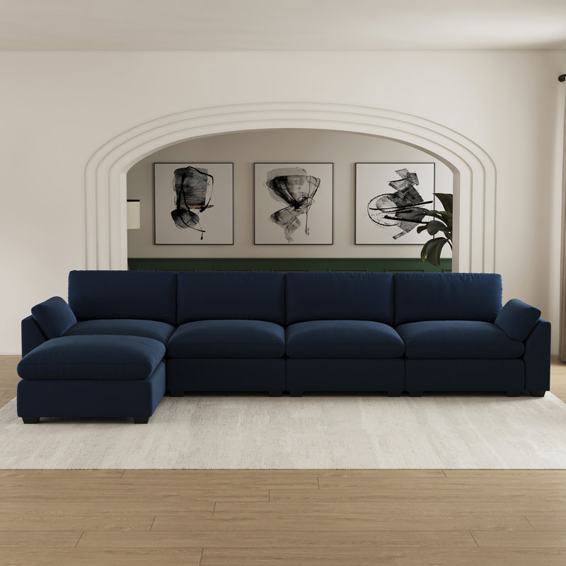 Canapé modulaire en L en velours avec repose-pieds mobile, Velours bleu
