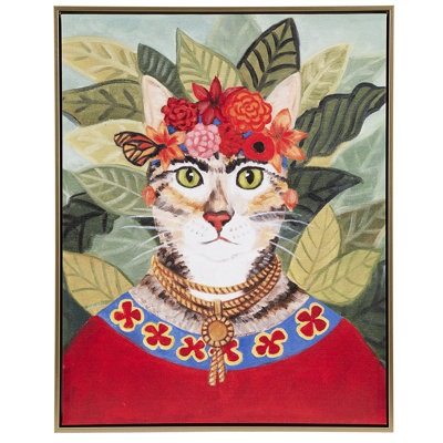 «Intriguing Bohemian Cat», art mural l 16,5 po x H 20,5 po, thème forêt, cadre doré, décoration de chambre à coucher, style bohémien avec scène, floral, salon