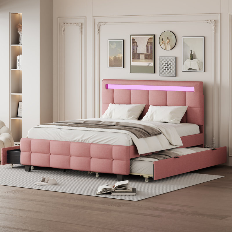 Grand lit plateforme tapissier avec gigogne simple TG et 2 tiroirs, tissu en lin, rose