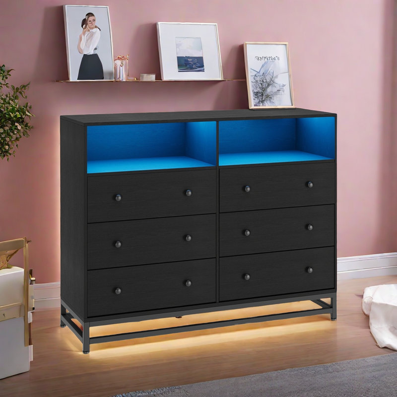 6 Drawer Double Dresser With Power Outlet & Led Light, Wood Dresser, 47.2''W×15.8''D×31.5'', Black