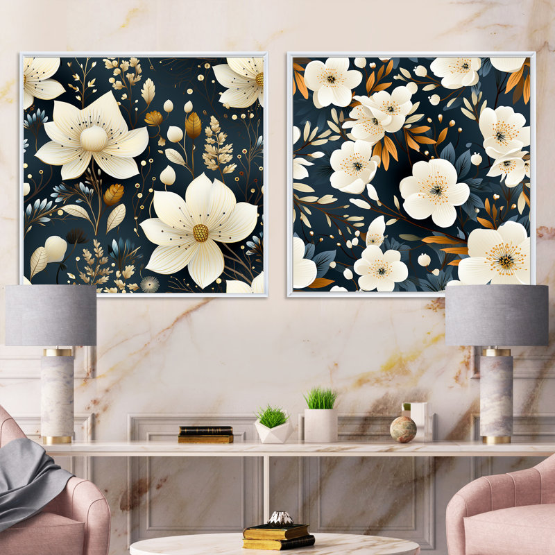 Imane - Ensemble de 2 collages carrés floraux, Cadre flottant blanc, H 36 po x l 73 po