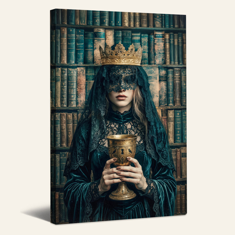 Dame en couronne dorée et voile de dentelle noire tenant une toile d'Halloween, H 18 po x l 12 po