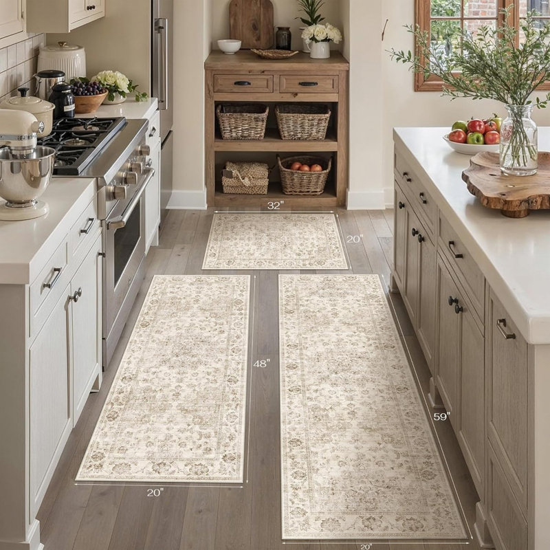 Ensemble de tapis de cuisine 3 pièces beige lavable avec tapis antidérapant