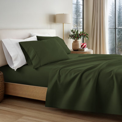 Ensemble de draps des Fêtes, motif de Noël vert pin, literie pour grand lit