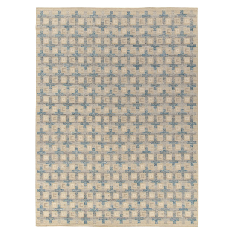 Scandinavian Rug In Blue, Greige Geometric Pattern By Rug & Kilim, Rectangle 9' x 12'