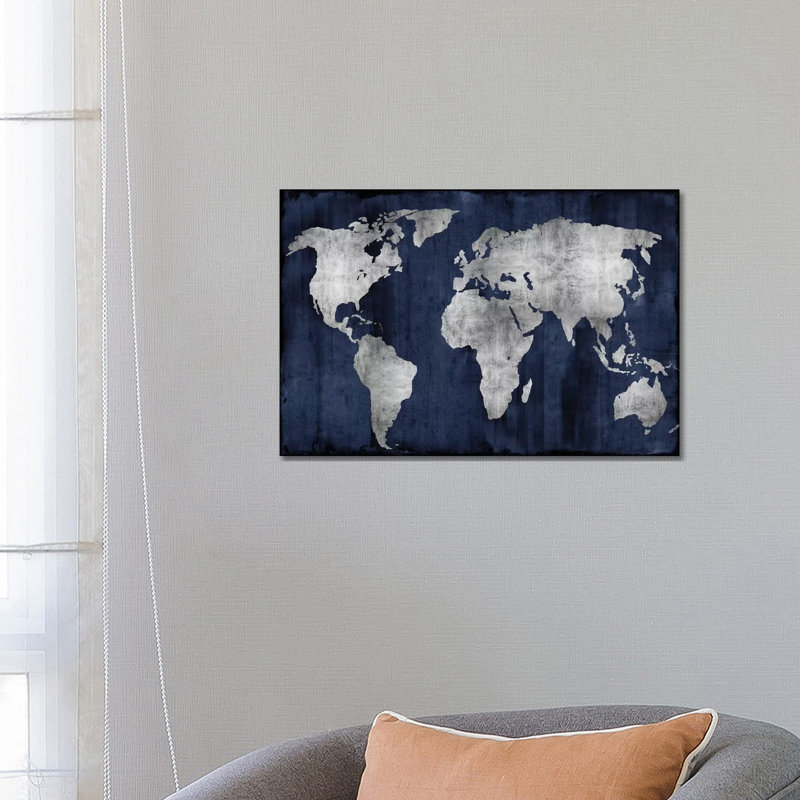 The World - Silver On Blue by Russell Brennan - Print on Canvas, 30.48 cm H x 45.72 cm W, Wrapped Canvas