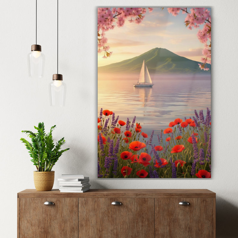 Art mural en verre trempé Lake Mountain Landscape, H 36 po x l 24 po