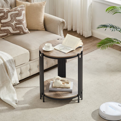 Table d'appoint ronde à deux niveaux en bois de 50 cm (19,7 po) avec cadre en métal noir de style industriel