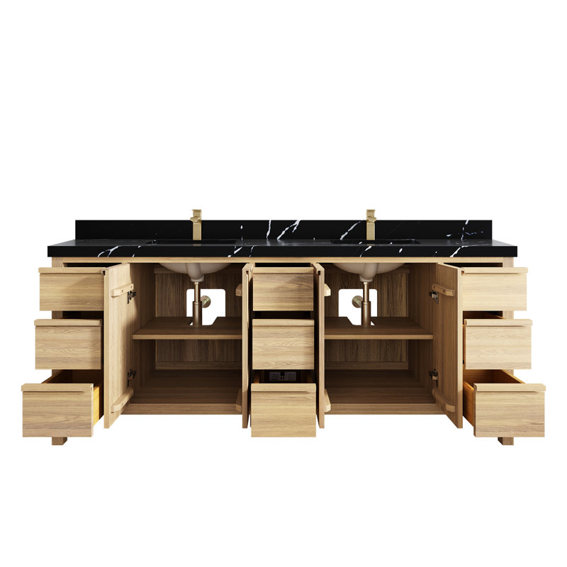 Elizabeth White Oak 84 In. W X 22 In. D Double Sink Bathroom Vanity With 2 In. Quartz, Calacatta Black