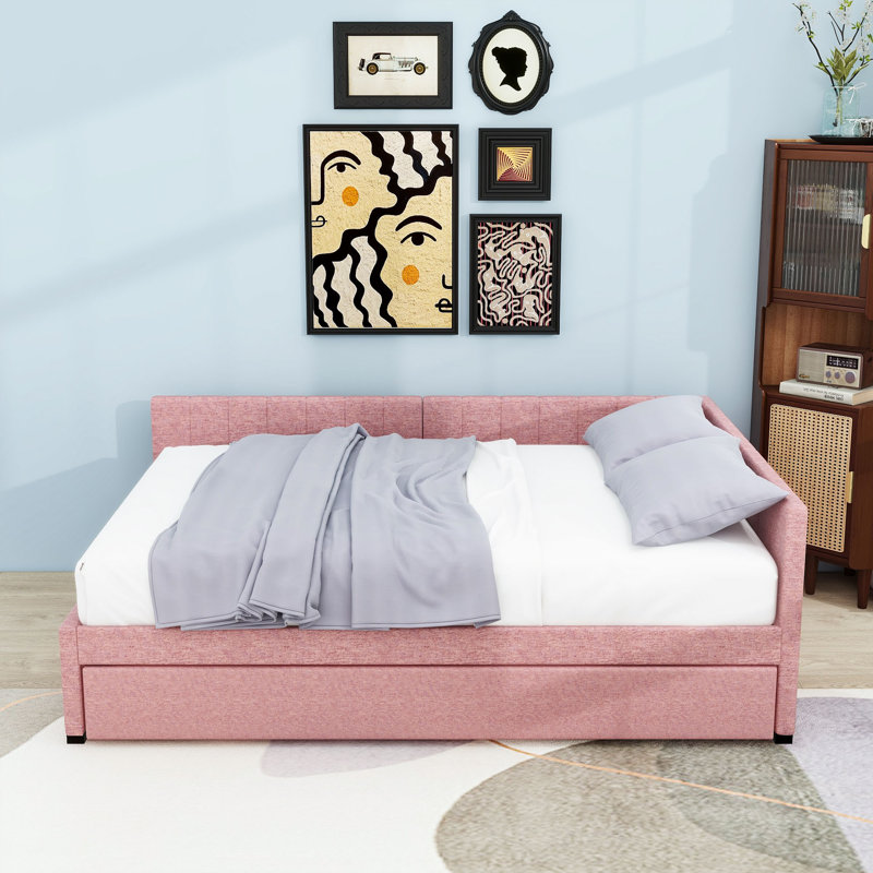 Lit de jour moderne rembourré avec lit gigogne simple, Double, Rose