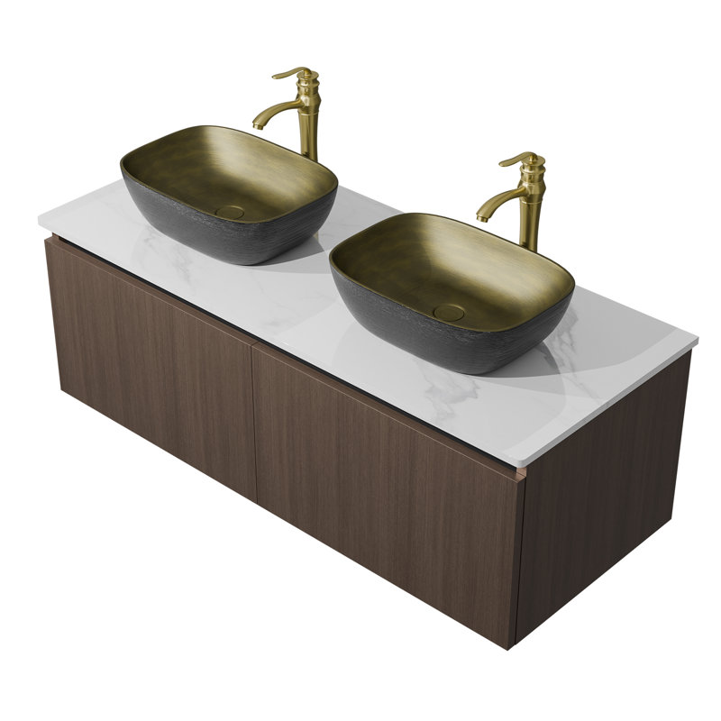 Modern And Sleek Wall Mounted Floating Bathroom Vanity Cabinet With Top, Ceramic Basin, Copper Faucet, Double Open Doors, 3 Sizes
