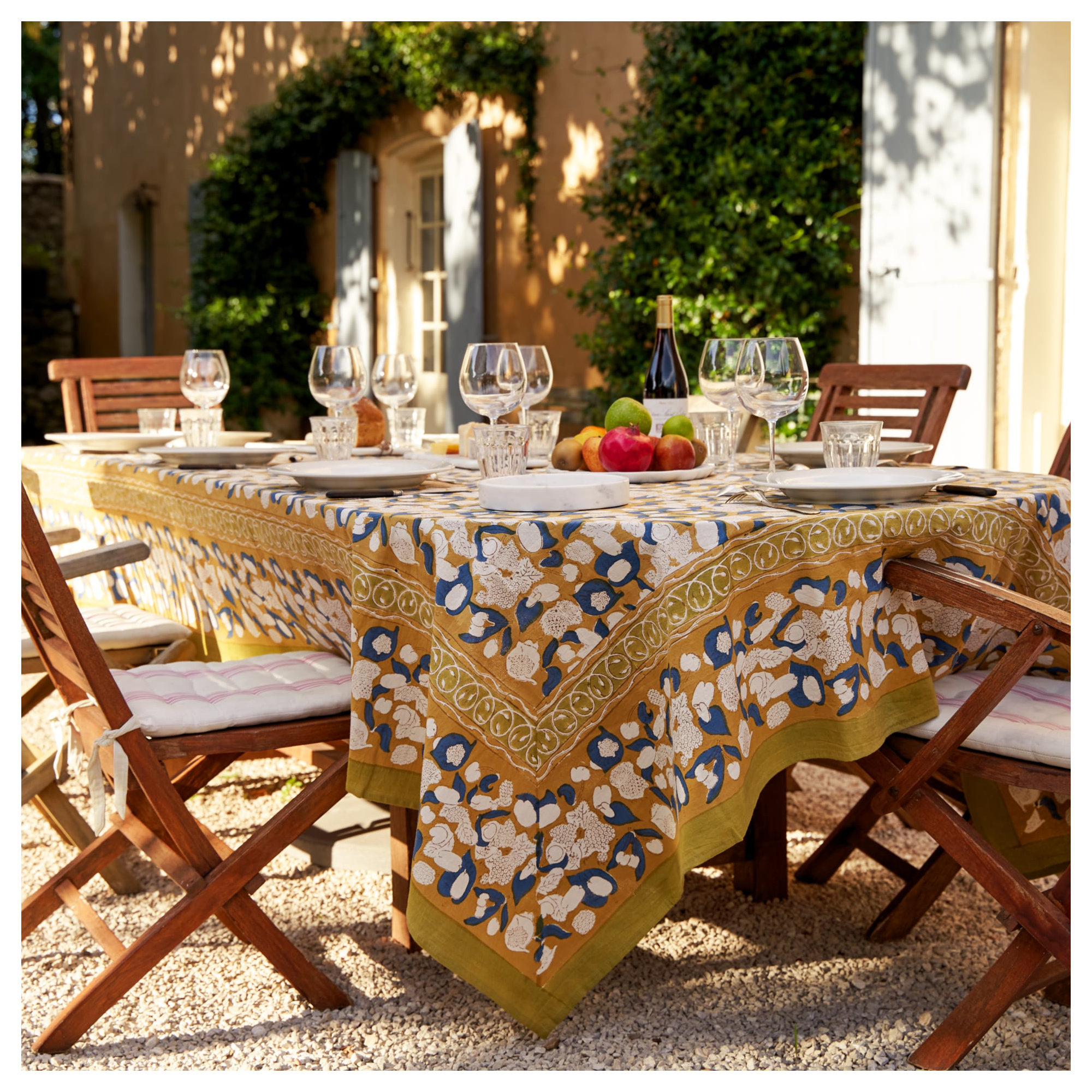 Bryssa Floral Tablecloth, 142" x 71", Mustard/Blue