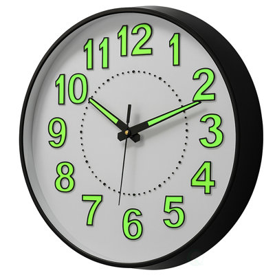  14" Decorative Glow In The Dark Quartz Wall Clock Battery Operated Classic Round Design Luminous Green Numbers & Hands Easy To Read Face For Home Office Classroom Hotel & Restaurant, Black