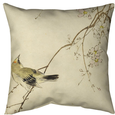 Coussin décoratif aquarelle japonaise oiseau et fleurs