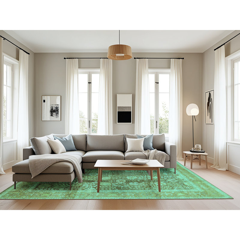 Tapis oriental en laine / polyester tissé à la machine en turquoise / brun, Rectangle 8 pi x 10 pi