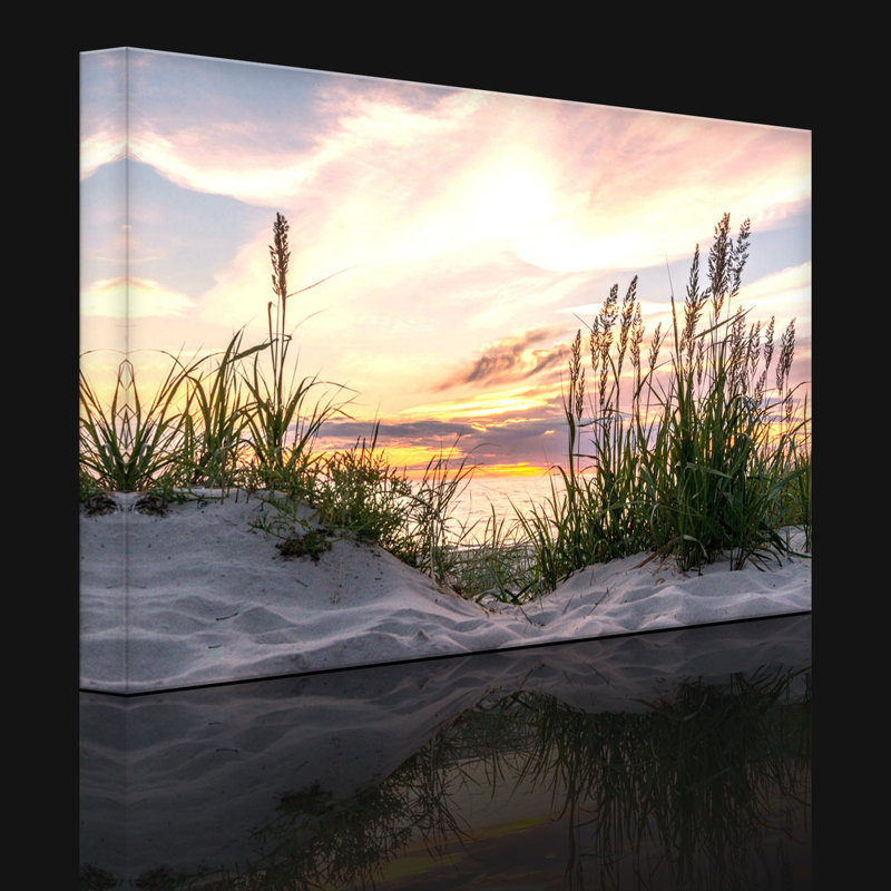Grass On The Beach At Sunset by No - Wrapped Canvas Print, With lighting, 70cm H x 100cm W x 4.5cm D