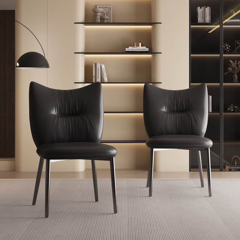 Dining Chairs Set Of 2 Leather Upholstery Metal Frame, Black