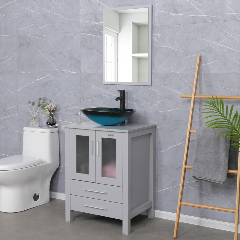  Ensemble de meuble-lavabo simple 24 po avec lavabo vasque, plateau en bois manufacturé, robinet et drain, Gris, Gris