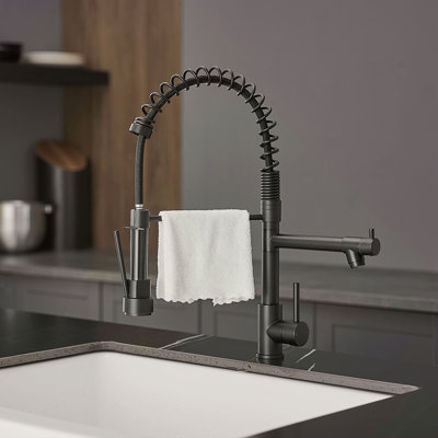 Kitchen Sink Faucet With Soap Dispenser, Kitchen Faucet With Pull Down Sprayer 2 Modes 304 Stainless Steel Single Handle Single Hole Pull Down Black Faucet
