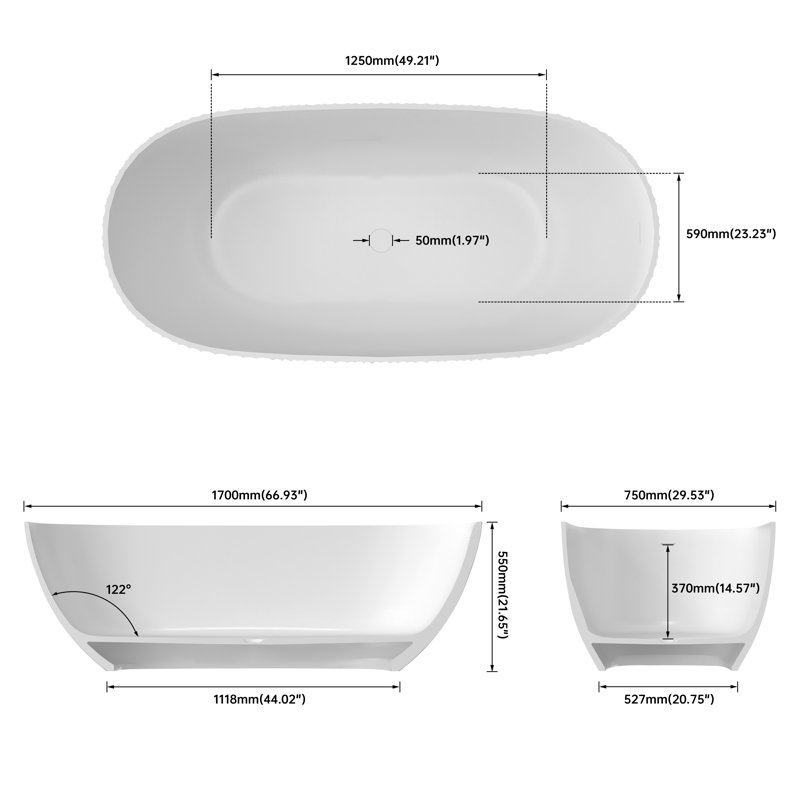 67" x 30" Freestanding Solid Surface tub Stone Resin Bathroom Soaking Bathtub
