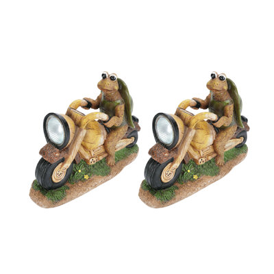 Aspen Creative 4575D123B8694D939A1344612CCDB898, Two Pack Set, Turtle On A Motorcycle Solar LED Accent Light Statue, 10" Length