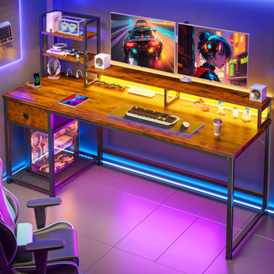 Computer Desk With  Led Lights And Power Outlets, Gaming Desk With Monitor Stand,Home Office Writing Desk With Storage And 2 Shelves