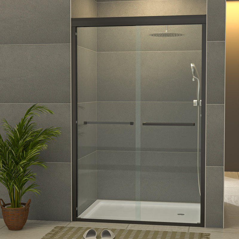 48'' - 48.3" W x 76" H Double Sliding Semi-Frameless Shower Door with Clear Tempered Glass, Black