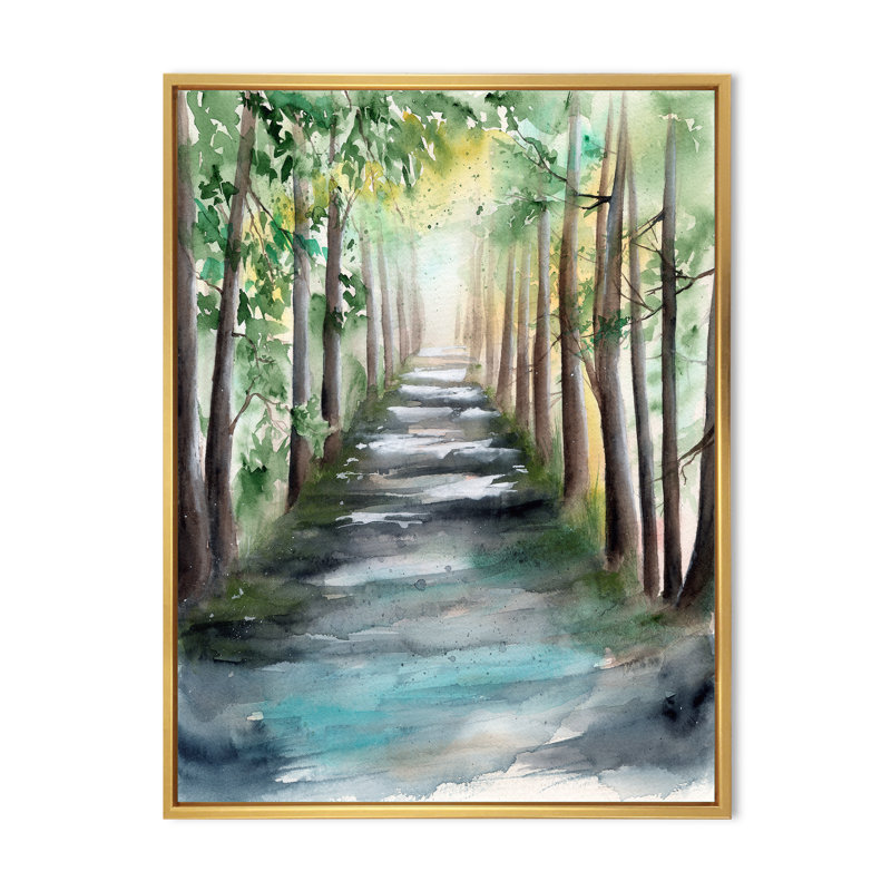 «A Sunlit Forest Alley with Tree Shadows I», peinture sur toile, H 32 po x l 16 po x P 1 po, Cadre flottant doré