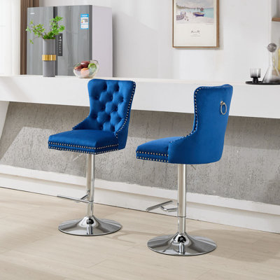 Ensemble de 2 tabourets de bar pivotants en velours épais chromés à hauteur réglable avec base pour îlot de cuisine