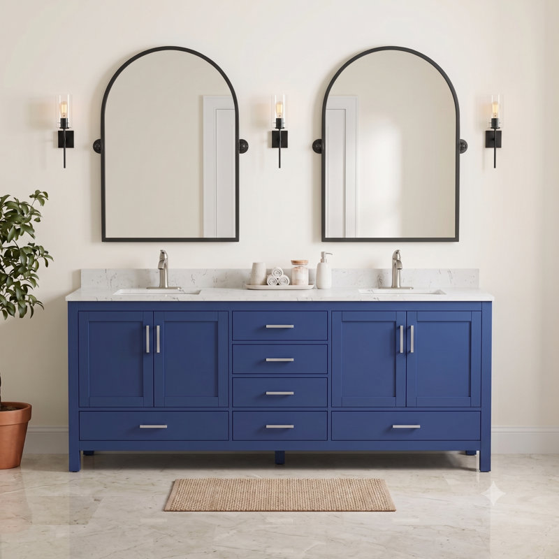 Ensemble de meuble-lavabo double 60 "avec miroir et comptoir en granite Bourrache, Blue
