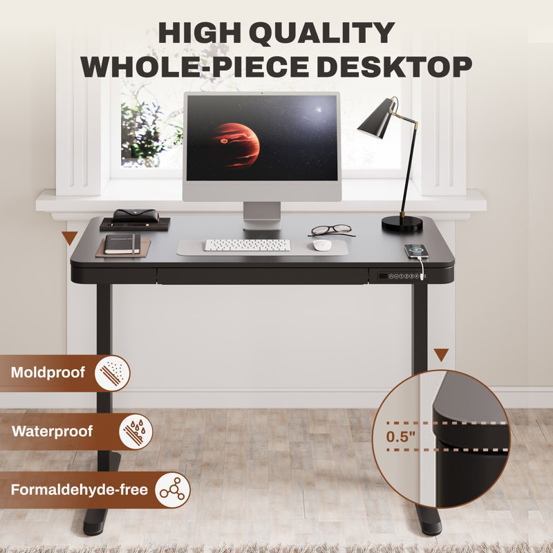 Home Office Height Adjustable Standing Desk with Drawer, Black, 46.5" H x 47.4" W x 23.7" D