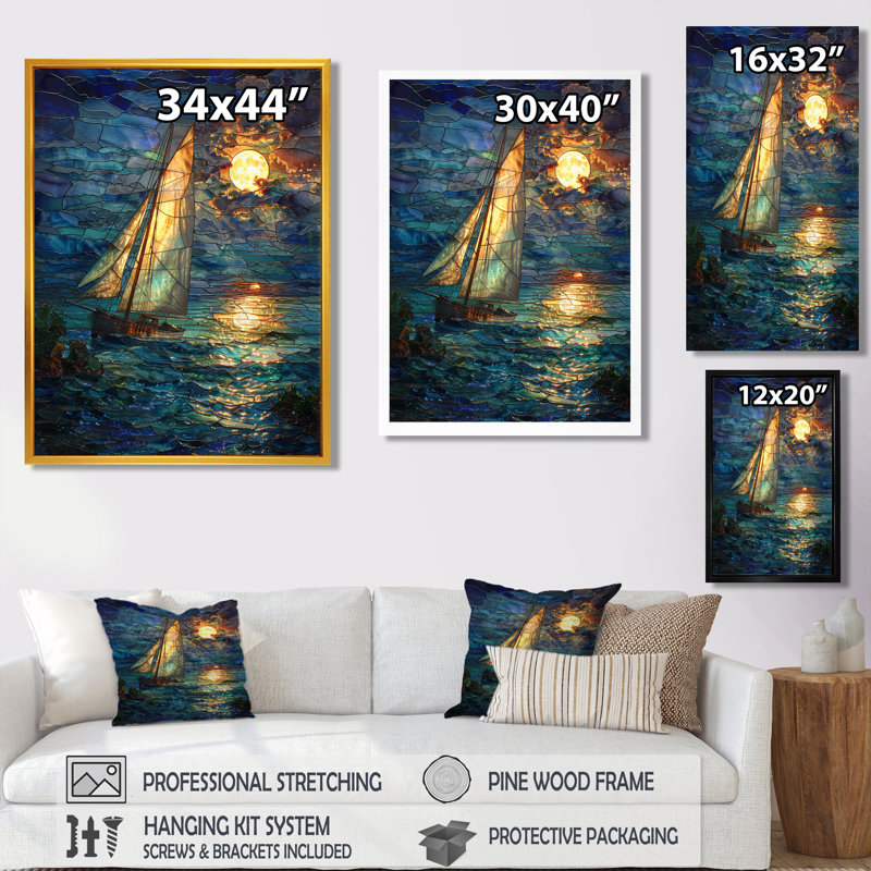 Voilier sur des vagues turquoise sous la pleine lune blanche - art mural plage et océan, H 20 po x l 12 po x P 1 po