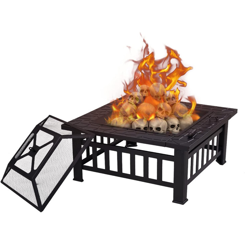 Foyer extérieur Olilawn de 32 pouces, foyer d'extérieur au feu de bois Bonfire, table de foyer d'extérieur pour terrasse avec couvercle anti-étincelles, couvercle en filet et tisonnier pour la chaleur, le barbecue ou la glacière