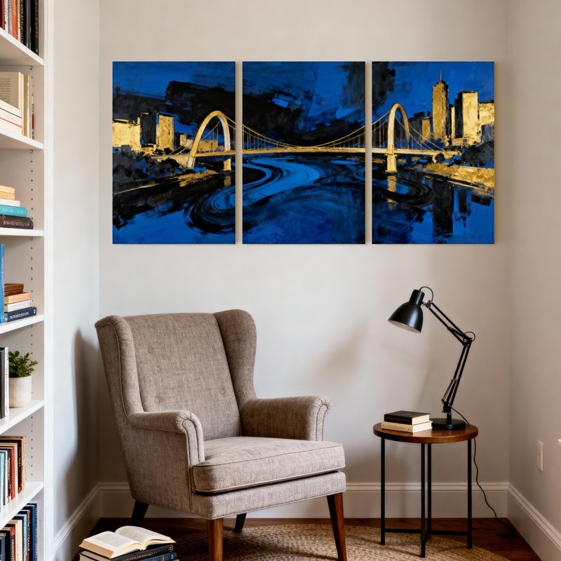 Cities &Countries Cityscape Bridge Reflection Night Sky Set of 3 Canvas Wall Art Prints, 18" H x 36" W