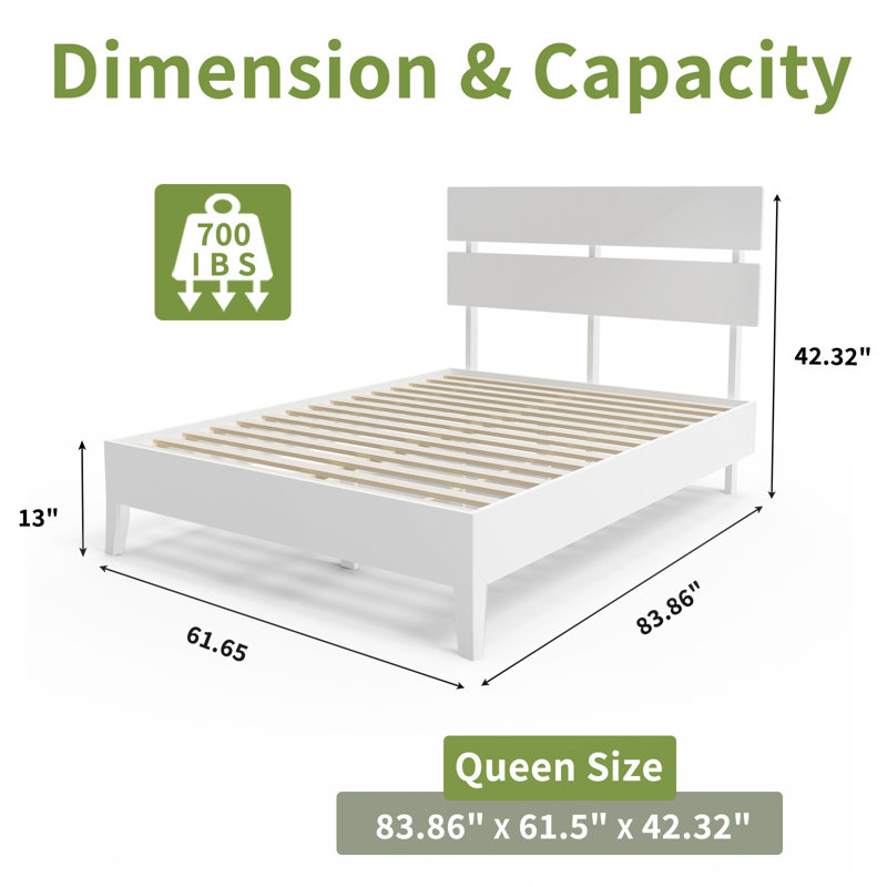 Solid Wood Platform Bed Frame , Queen Bed Frame With Headboard Included, Mid Century Modern Bed, White, White, Queen