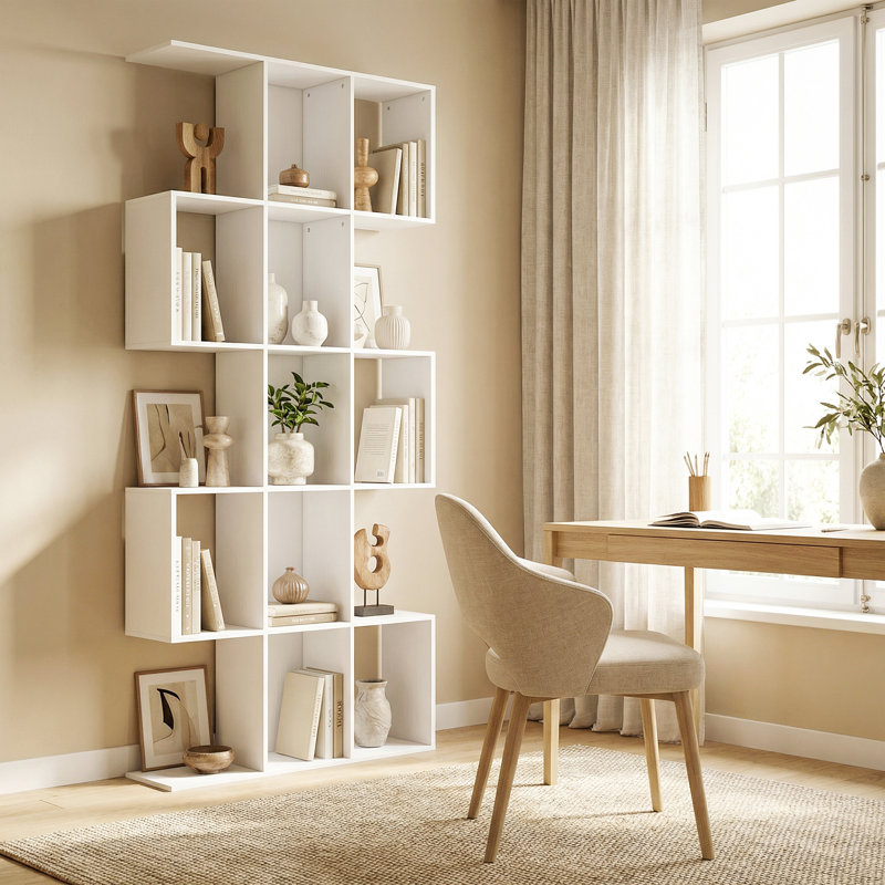 5-Tier Bookshelf, S Shaped Geometric Bookcase, Oak, White