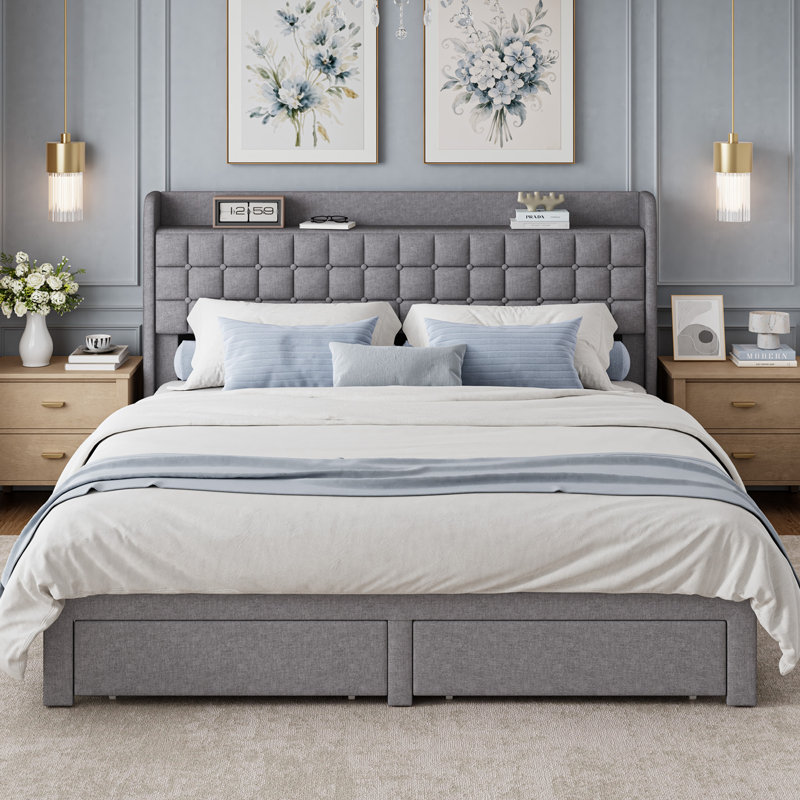 Avelyn Upholstered Bed Frame with 2 Footboard Drawers and Storage Platform, Gray, Queen