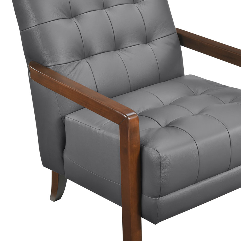 Chaise d'appoint contemporaine avec siège en cuir gris foncé, noyau en contreplaqué et bois de finition noyer moderne en cuir 100%, structure, accoudoirs, pieds, dossiers, accoudoirs