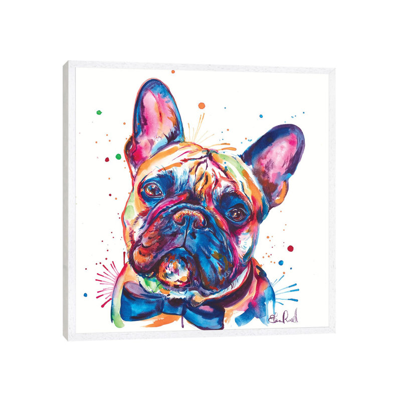 Bowtie Frenchie by Weekday Best - Painting on Canvas, 45.72 cm H x 45.72 cm W, White Framed
